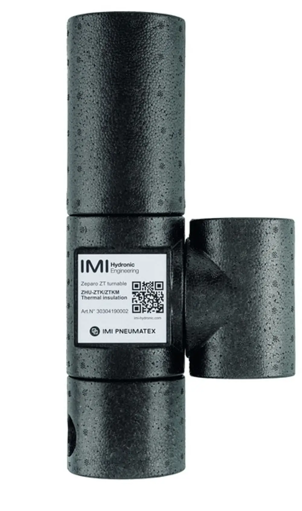 Wärmedämmung von IMI Hydronic Engineering in schwarz, geeignet für Heizsysteme, mit einem Etikett zur Identifikation und QR-Code auf einer glatten Oberfläche.